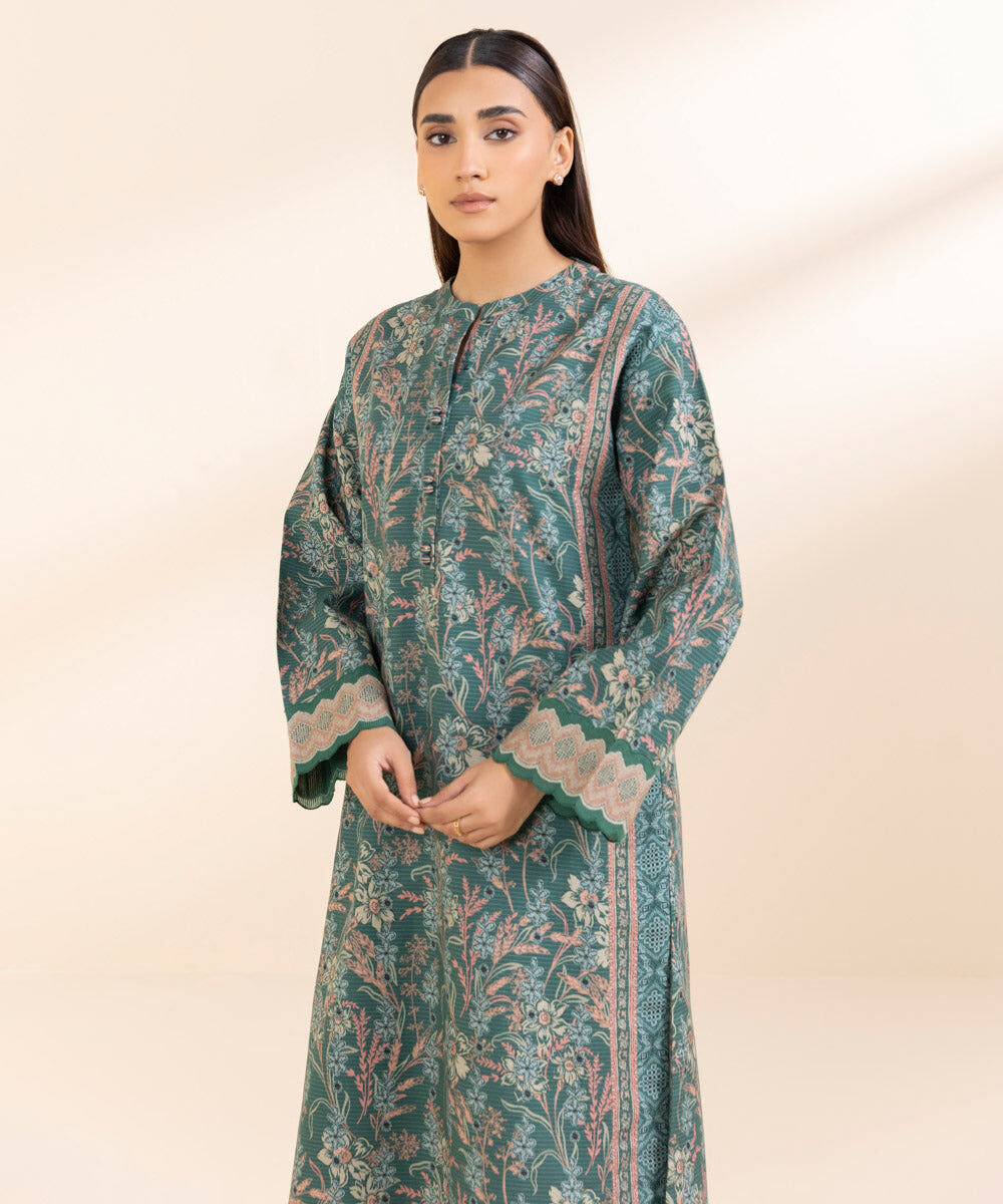 Women's Pret Zari Khaddar Green Embroidered 2 Piece Suit