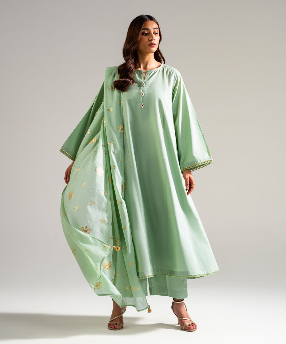 Women's RTW Slub Lawn Solid Green 3 Piece Suit