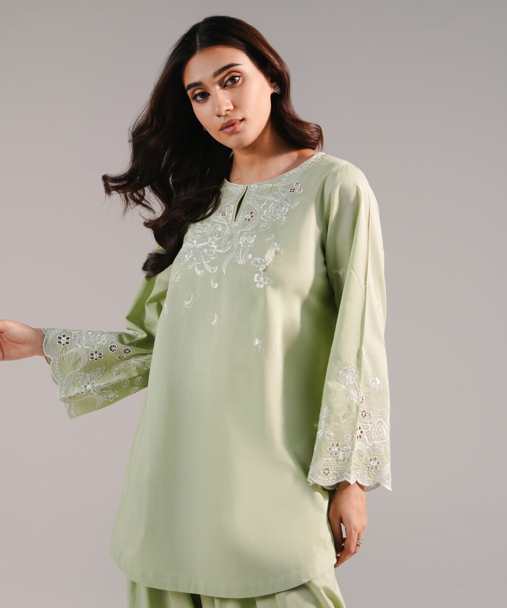 Women's RTW Crosshatch Embroidered Mint Green Straight Shirt