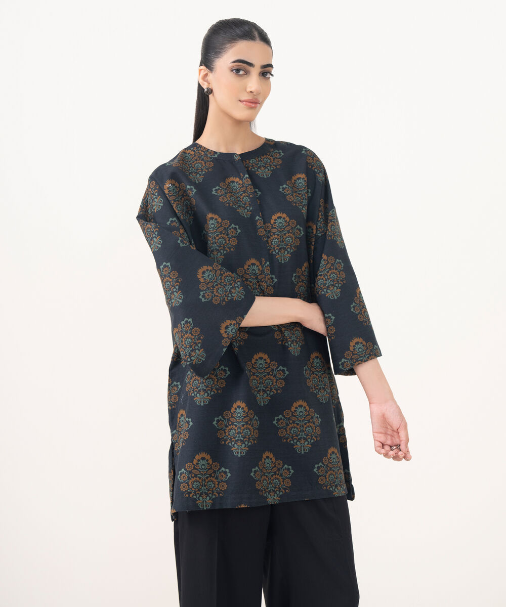 Women's RTW Cotton Viscose Blue Printed Drop Shoulder Shirt