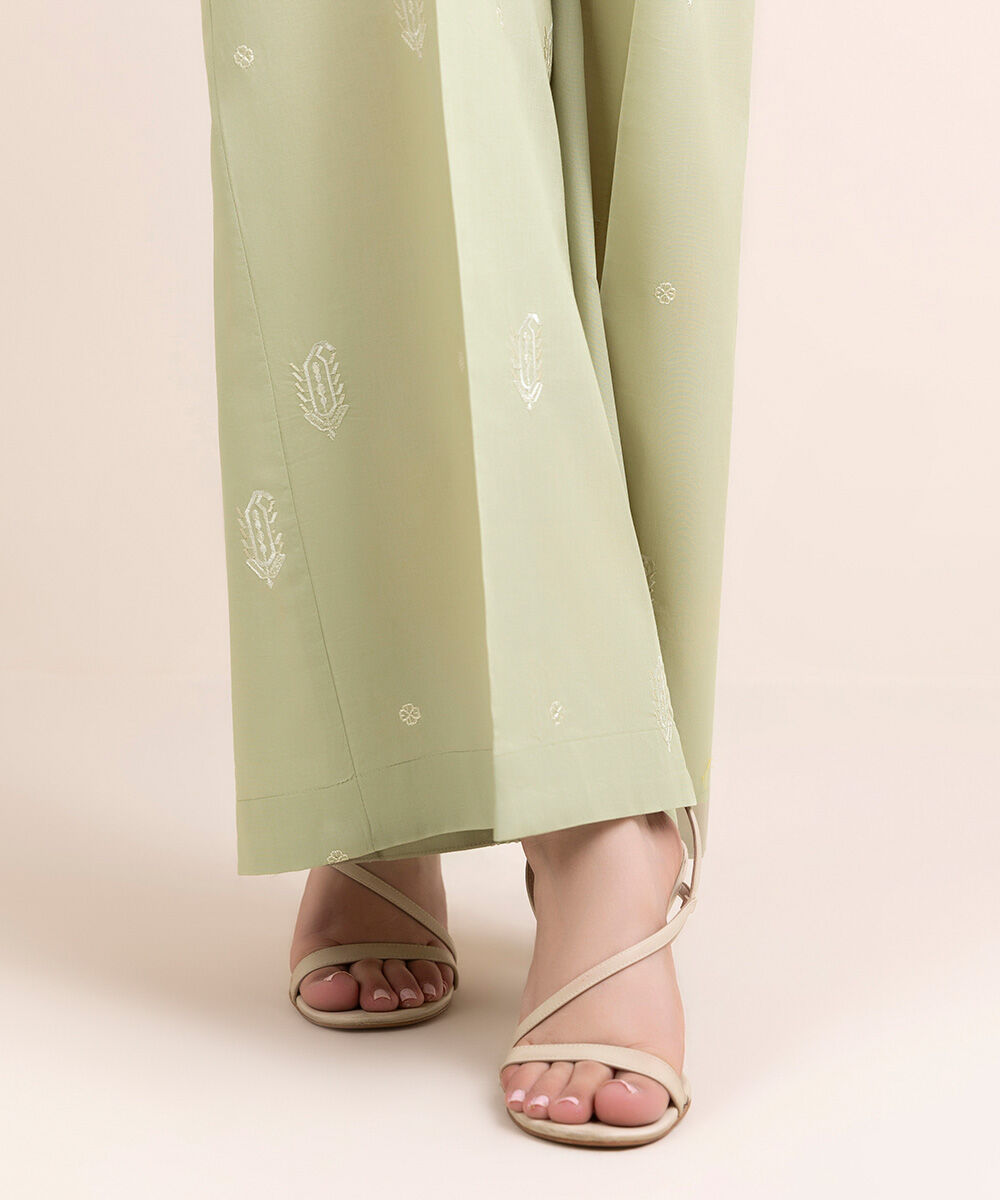 Women's Pret Cambric Green Embroidered Flared Pants