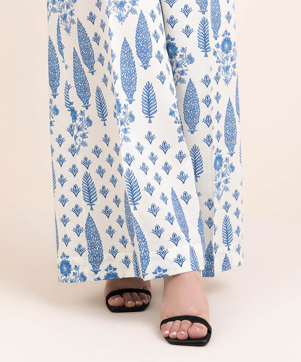 Woman - Blue Printed Cambric Flared Pants
