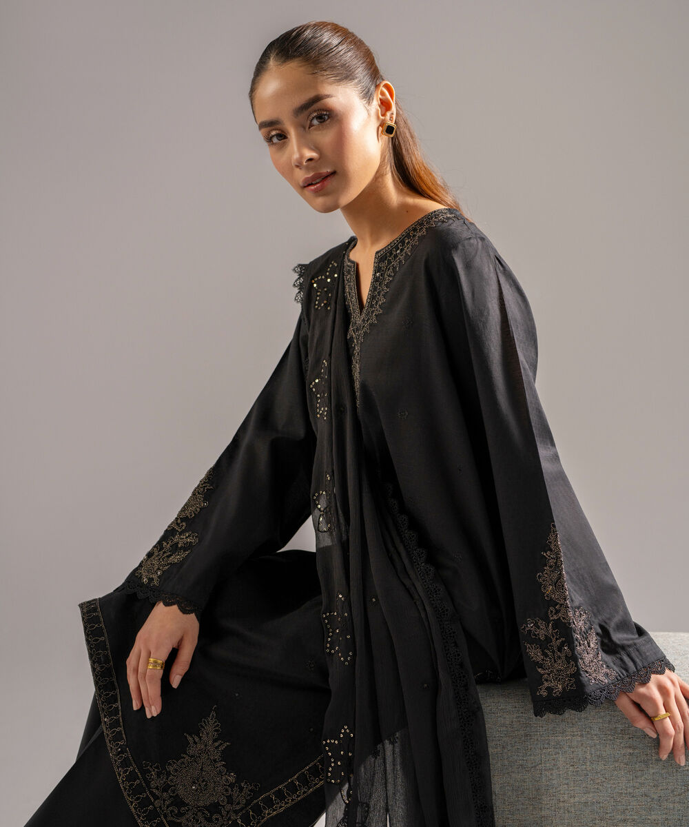 Women's RTW Dobby Embroidered Black 3 Piece Suit
