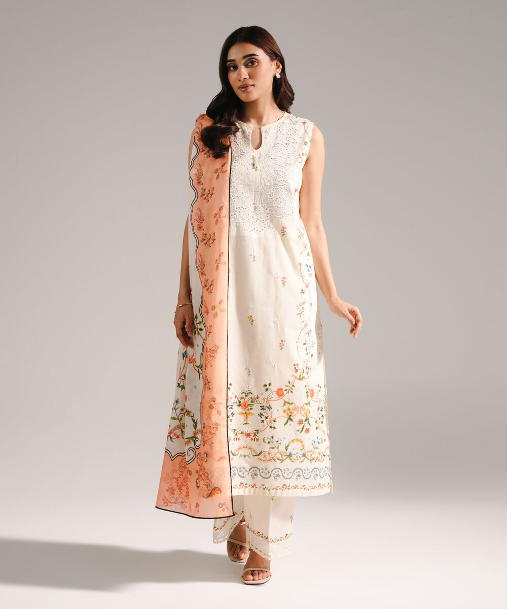 Lawn Printed White Dupatta