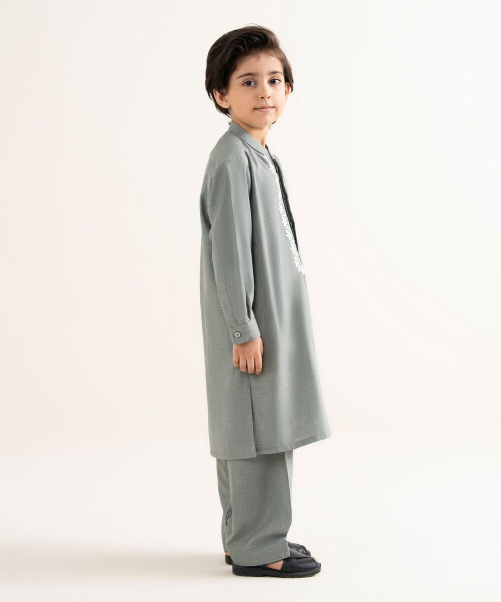 Men's Textured Wash & Wear Embroidered Grey Kurta Shalwar