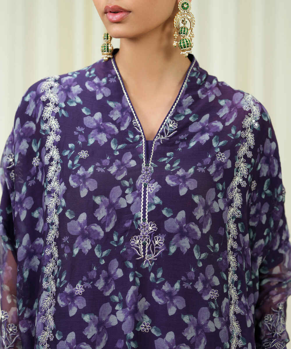 Women's Unstitched Blended Chiffon Embroidered Purple 3 Piece Suit