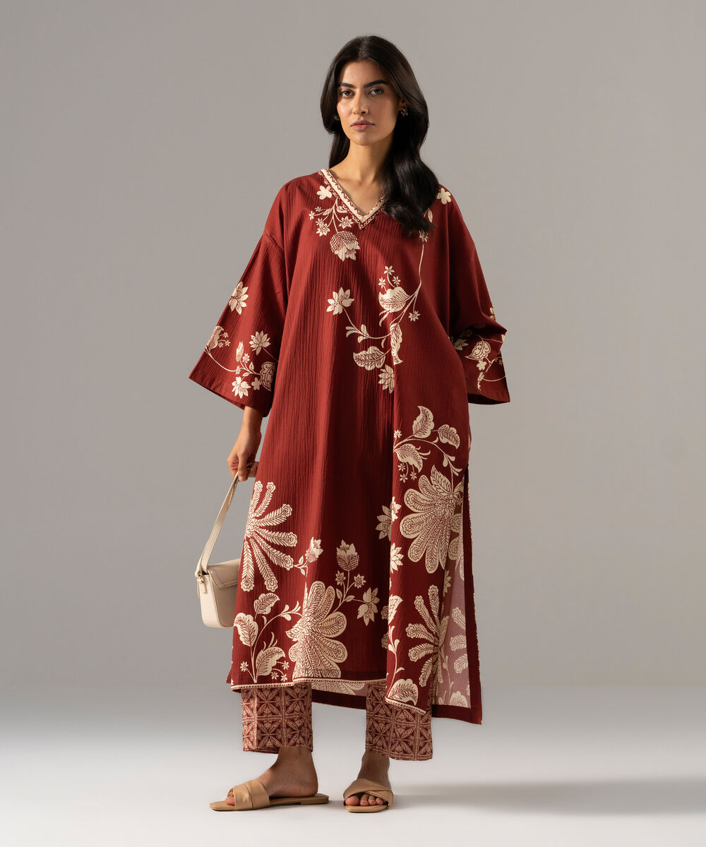 Women's RTW Seersucker Printed Maroon Drop Shoulder Shirt