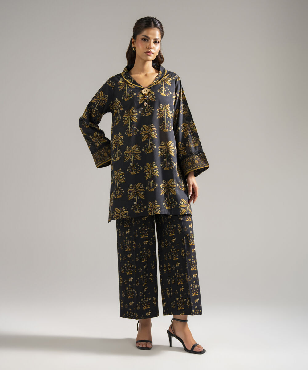 Women's RTW Lawn Printed Black Straight Shirt