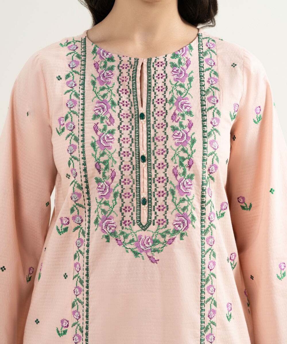 Women's RTW Dobby Embroidered Pink Straight Shirt