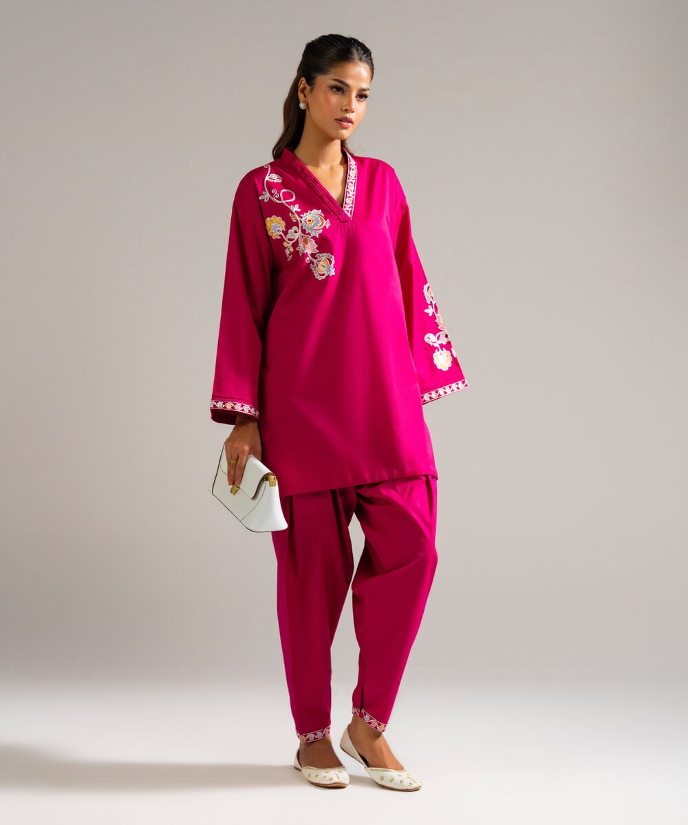 Women's RTW Dobby Embroidered Pink Drop Shoulder Shirt