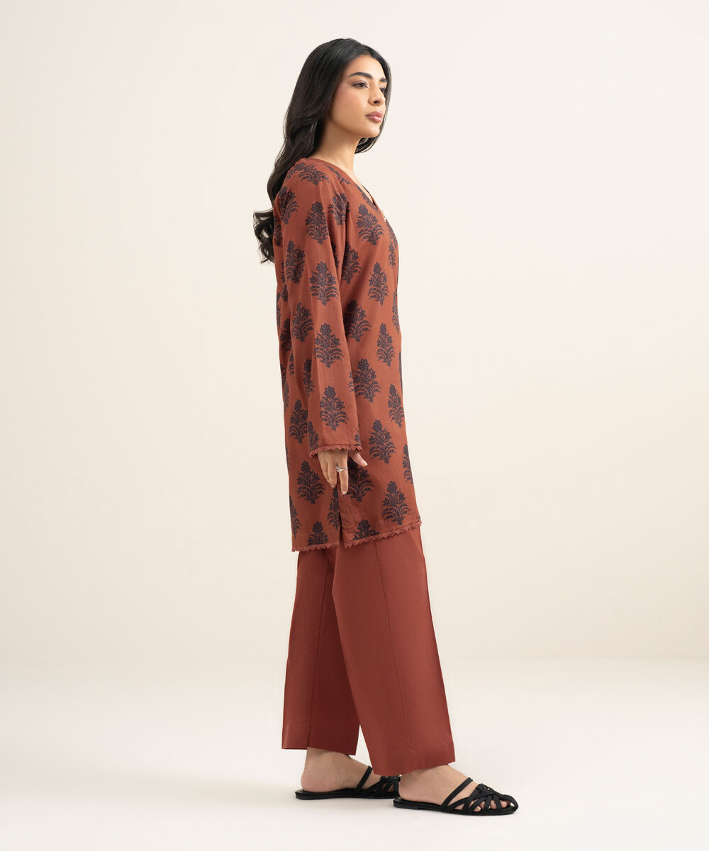 Women's RTW Lawn Printed Brown Straight Shirt