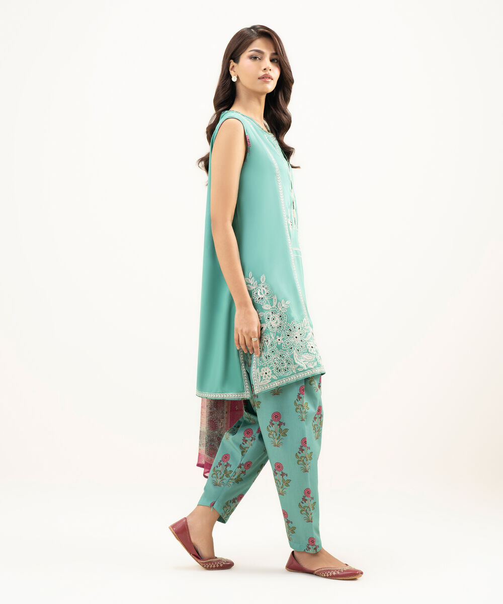 Women's RTW Dobby Embroidered Turquoise 3 Piece Suit
