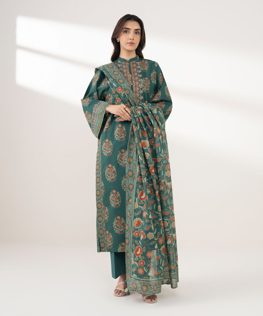 Women's Unstitched Cotton Printed Green 3 Piece Suit