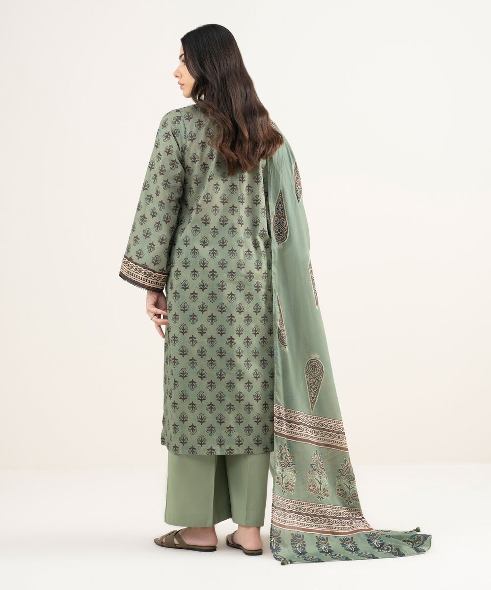 Women's RTW Lawn Printed Green 3 Piece Suit