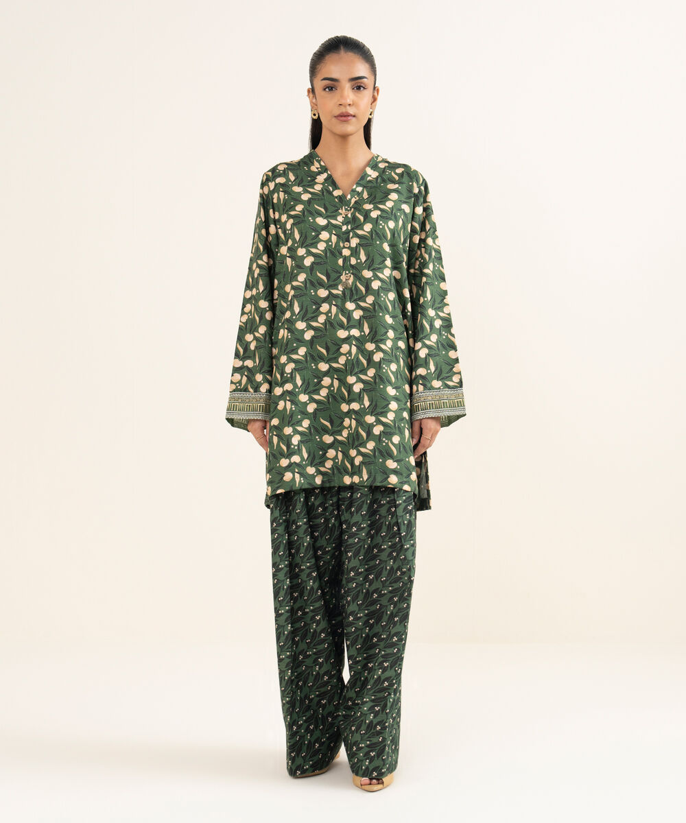 Women's RTW Herringbone Embroidered Green A-Line Shirt