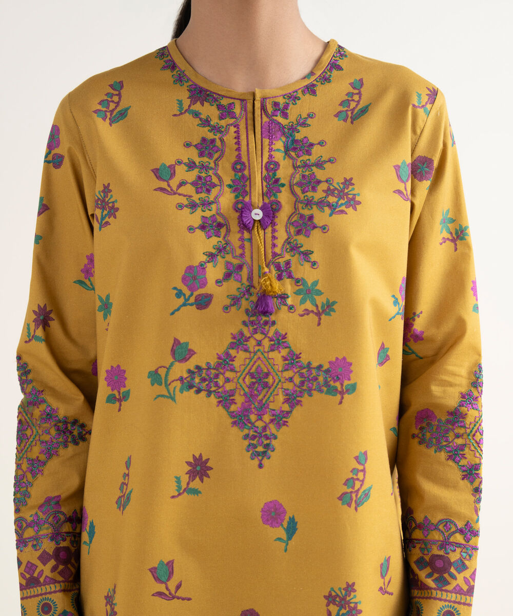 Women's Unstitched Cotton Embroidered Yellow 3 Piece Suit