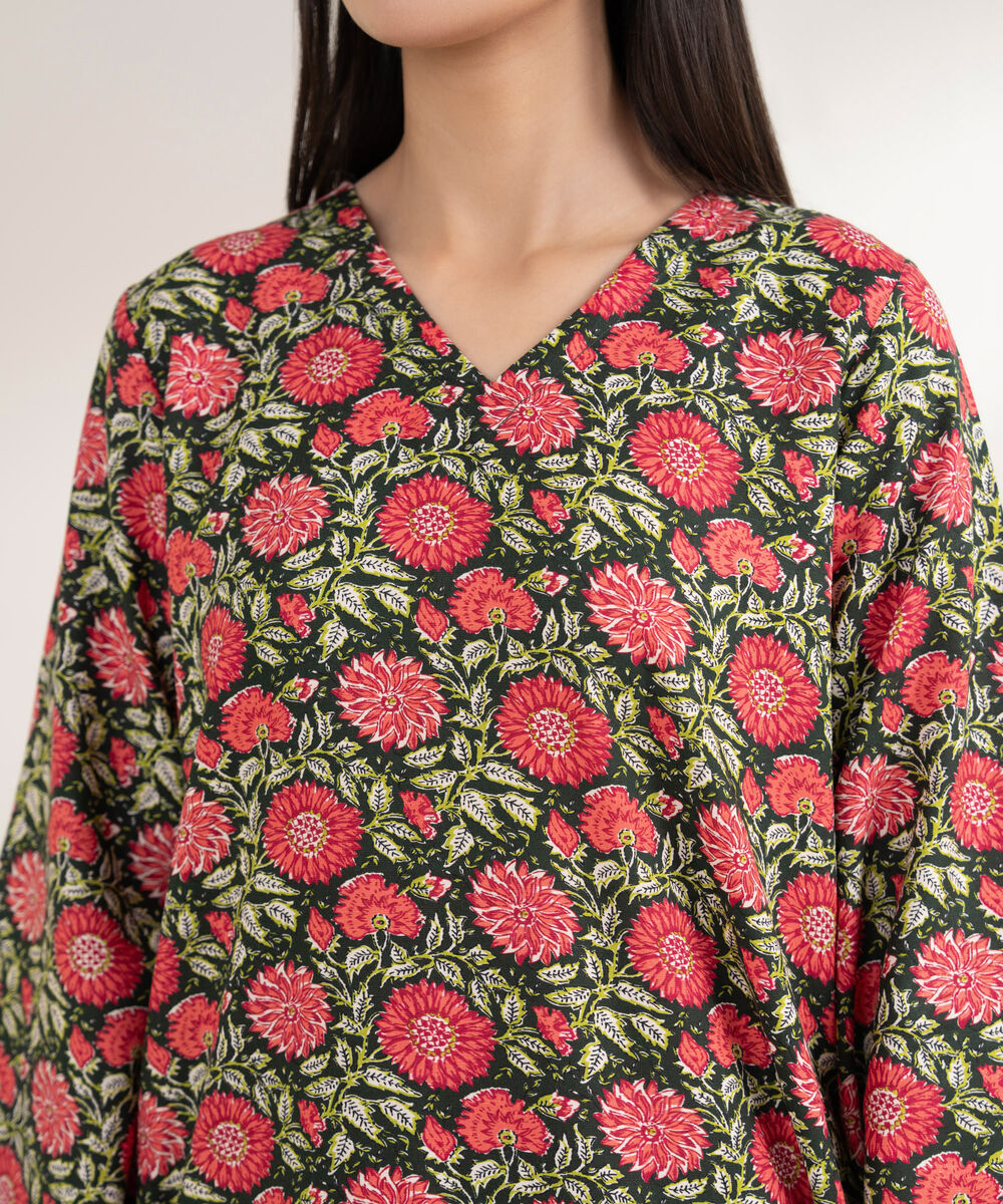 Women's RTW Arabic Khaddar Printed Straight Black Shirt