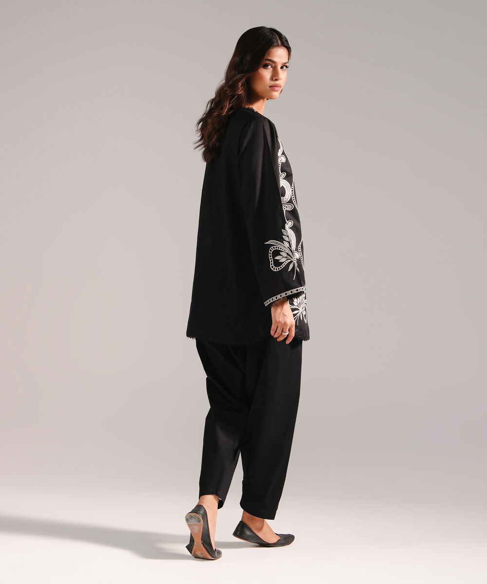 Women's RTW Slub Lawn Embroidered Black Straight Shirt