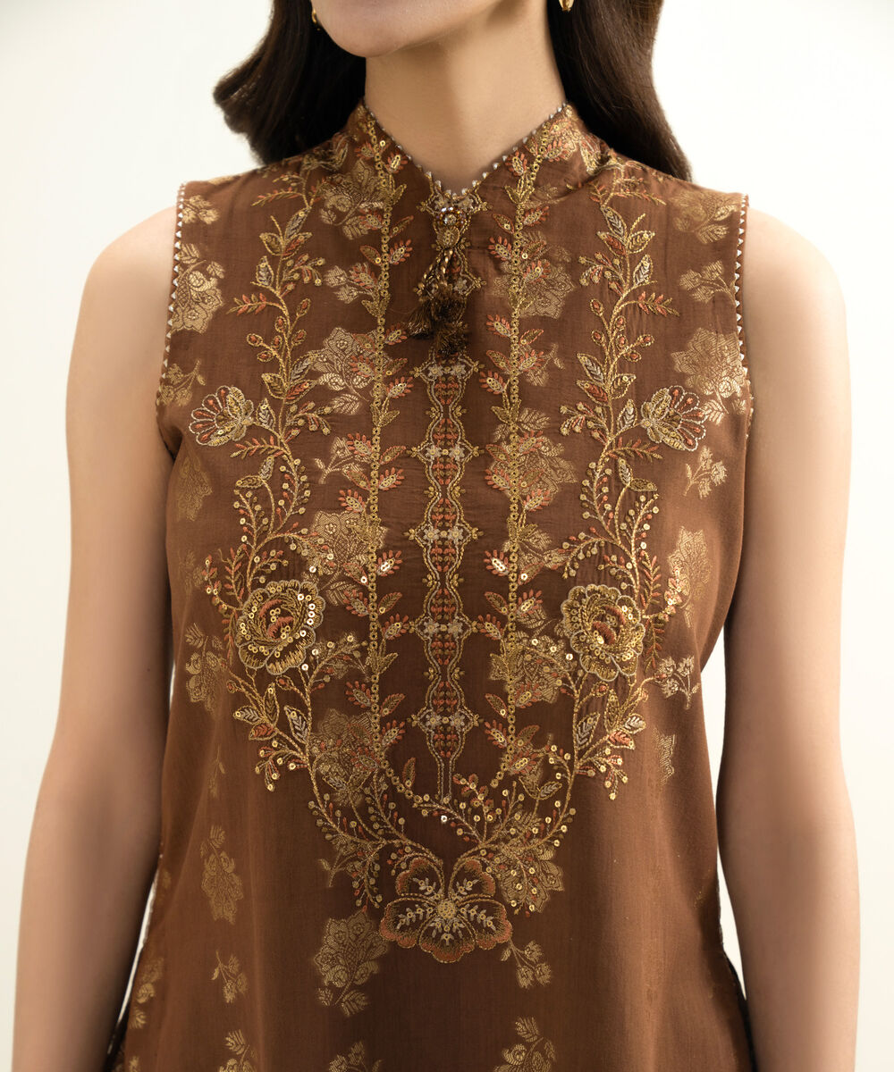 Women's Unstitched Extra Weft Jacquard Embroidered Brown 3 Piece Suit