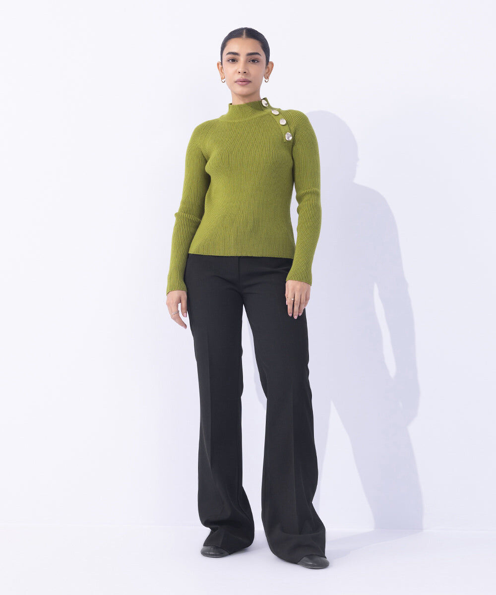 Woman - Green Slim Fit Knit Sweater