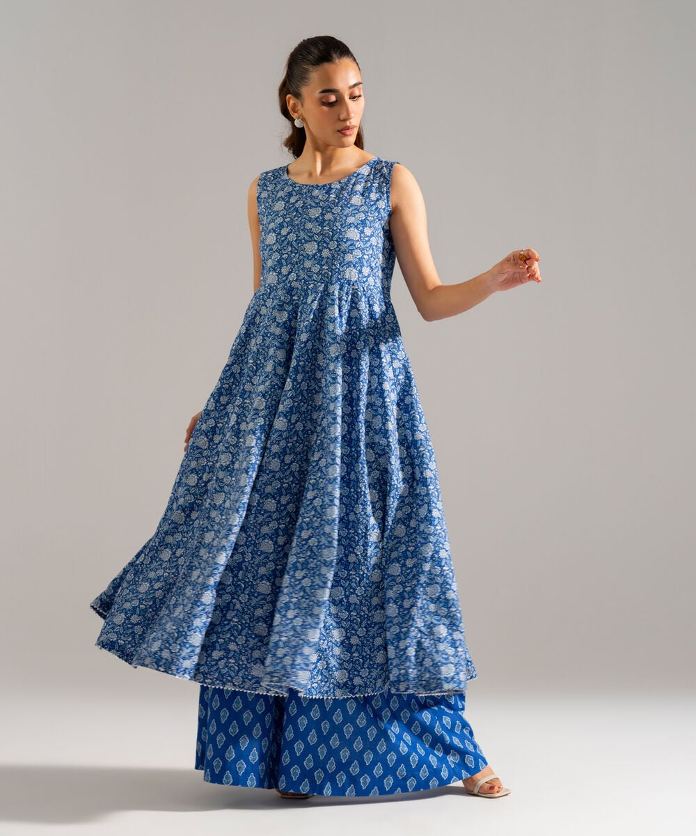 Women's RTW Slub Lawn Printed Blue Peshwas