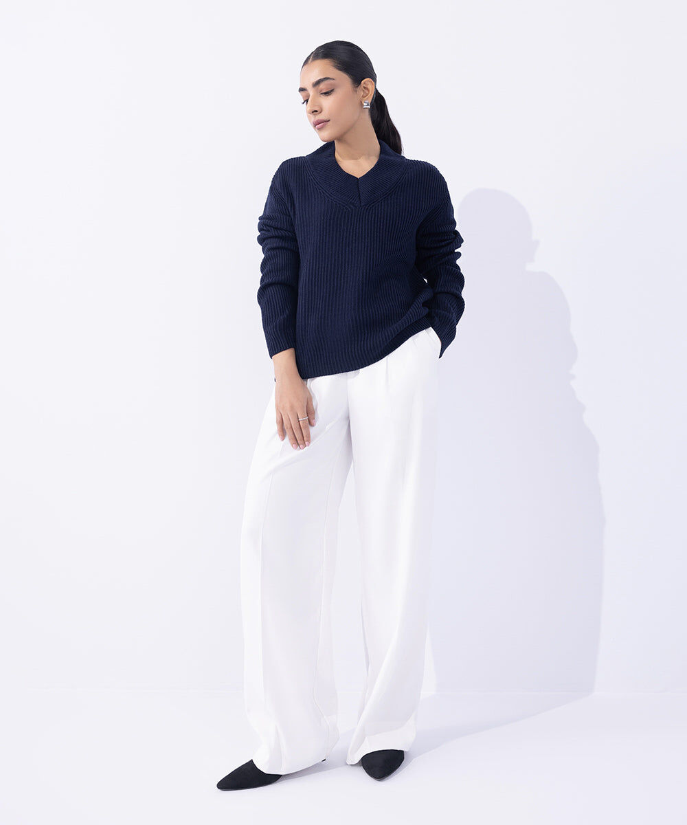 Woman - Blue V Neck Knit Sweater