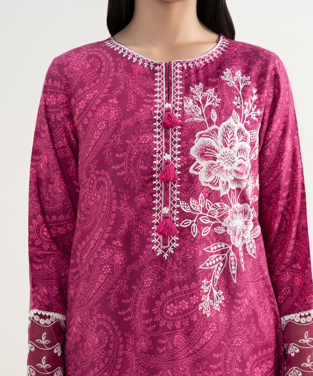 Women's RTW Viscose Raw Silk Embroidered Dark Pink Straight Shirt