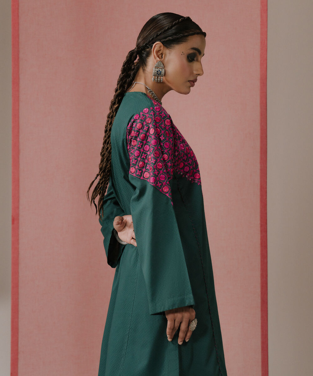 Women's RTW Textured Cotton Green Embroidered A-Line Shirt