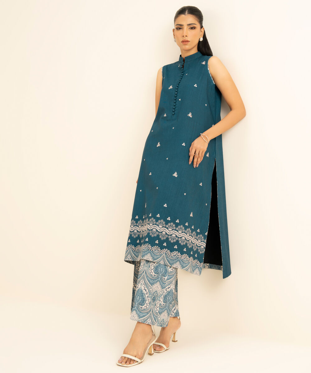 Women's Unstitched Cross Hatch Embroidered Blue 2 Piece Suit
