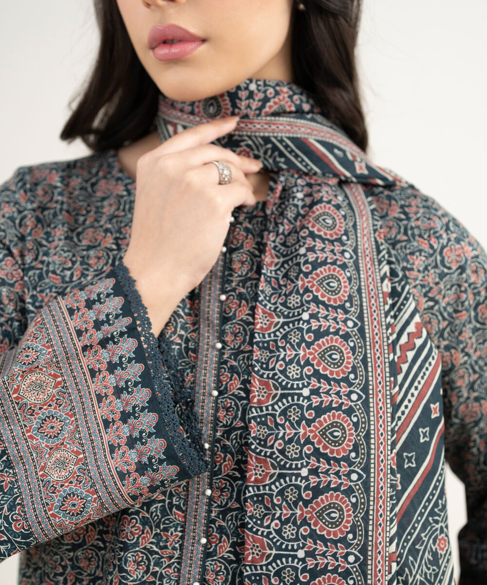 Women's RTW Lawn Printed Dark Blue 3 Piece Suit