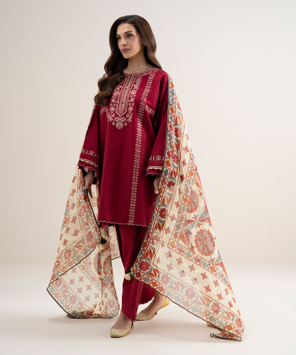 Women's Unstitched Lawn Embroidered Red 3 Piece Suit