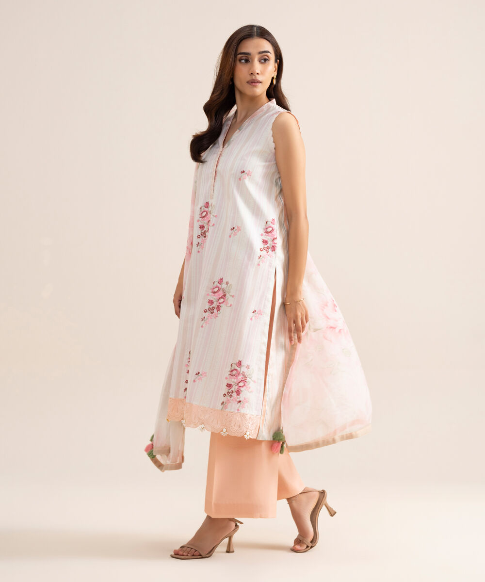 Women's Unstitched Lawn Embroidered Off White  3 Piece Suit