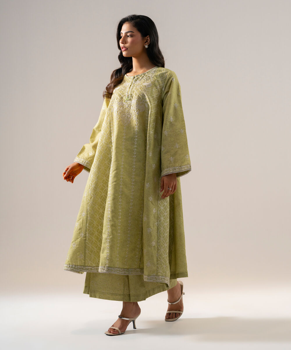 Women's RTW Fancy Cotton Printed Embroidered Green 2 Piece Suit