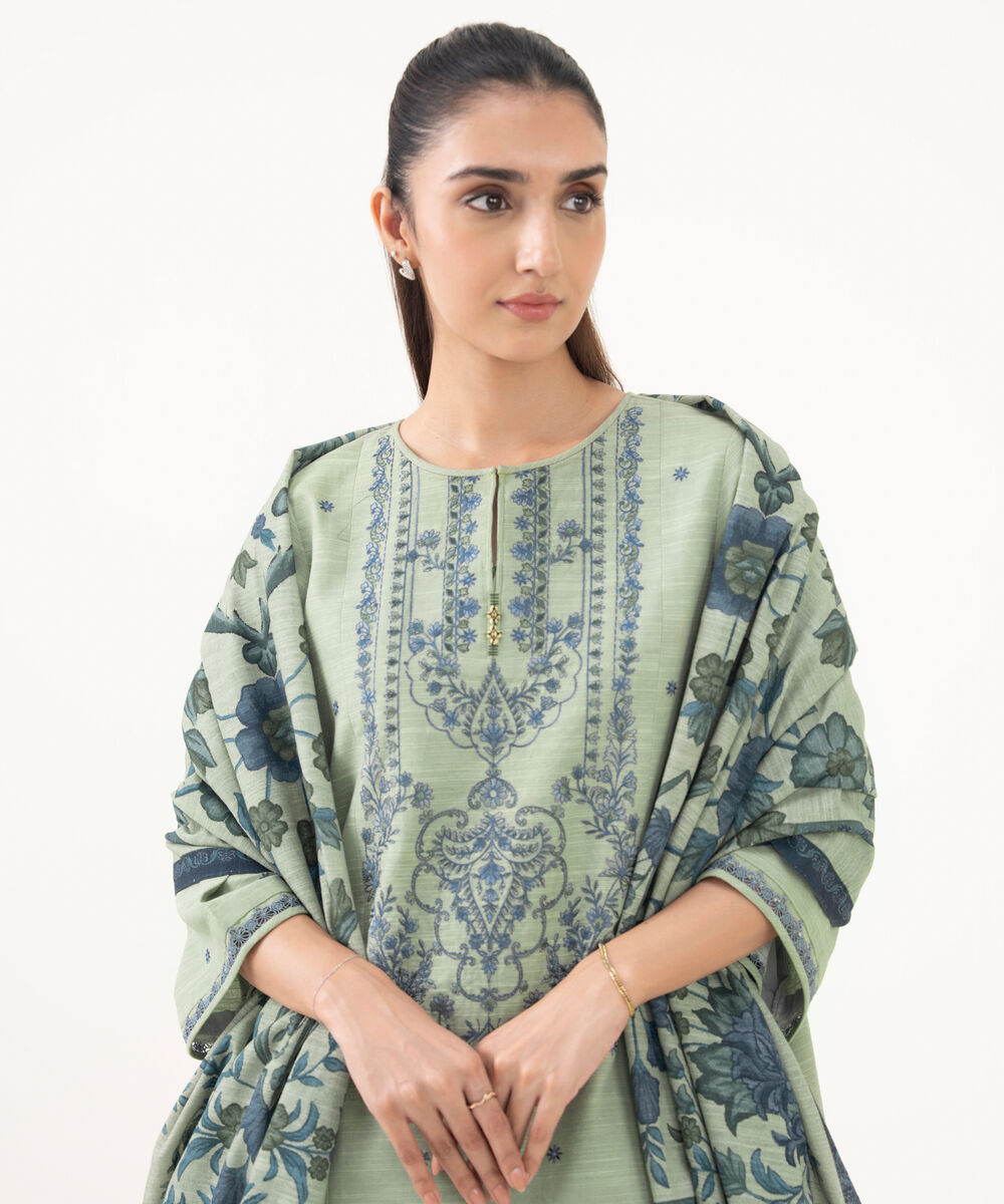 Women's Unstitched Light Khaddar Embroidered Green 3 Piece Suit