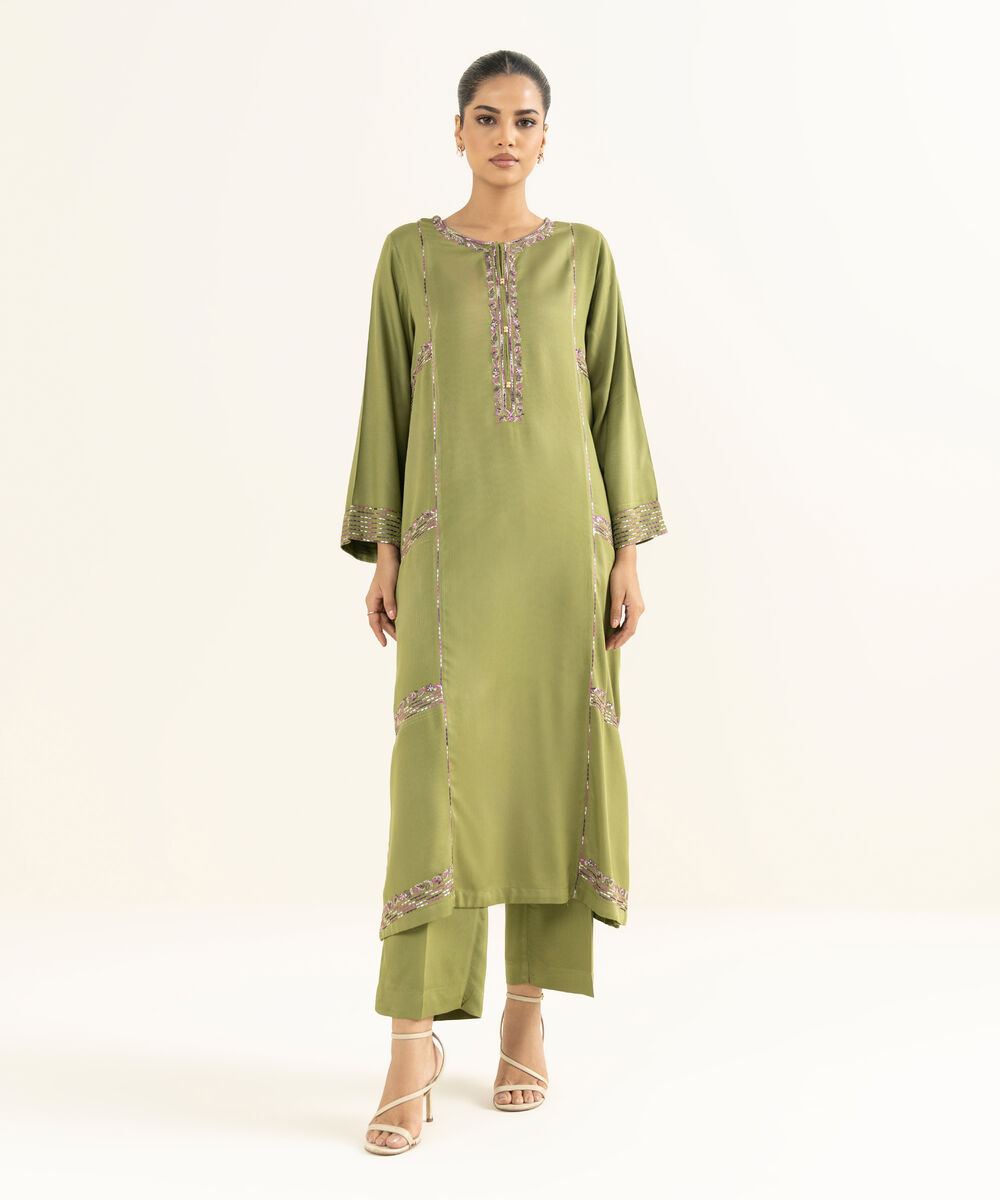 Women's RTW Bedford  Embroidered Green A-Line 2 Piece Suit