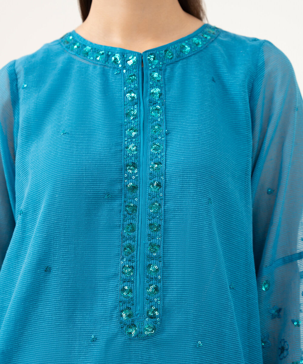 Women's RTW Blended Textured Karandi Blue Dyed Three Piece