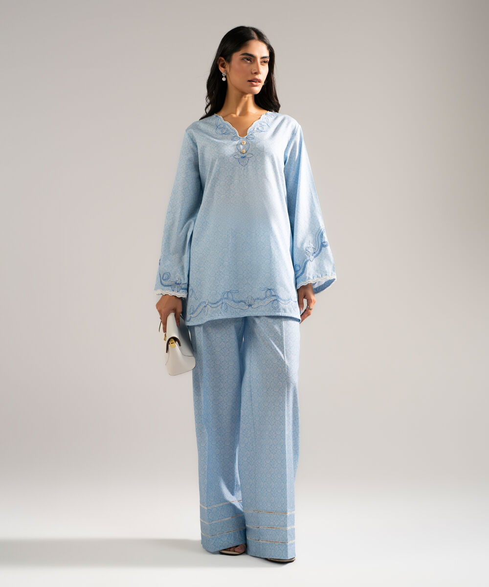 Women's RTW Dobby Embroidered Blue Straight Shirt