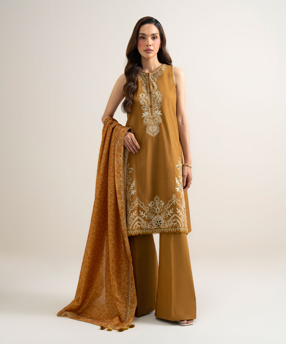Women's Unstitched Textured Lawn Embroidered Mustard 3 Piece Suit
