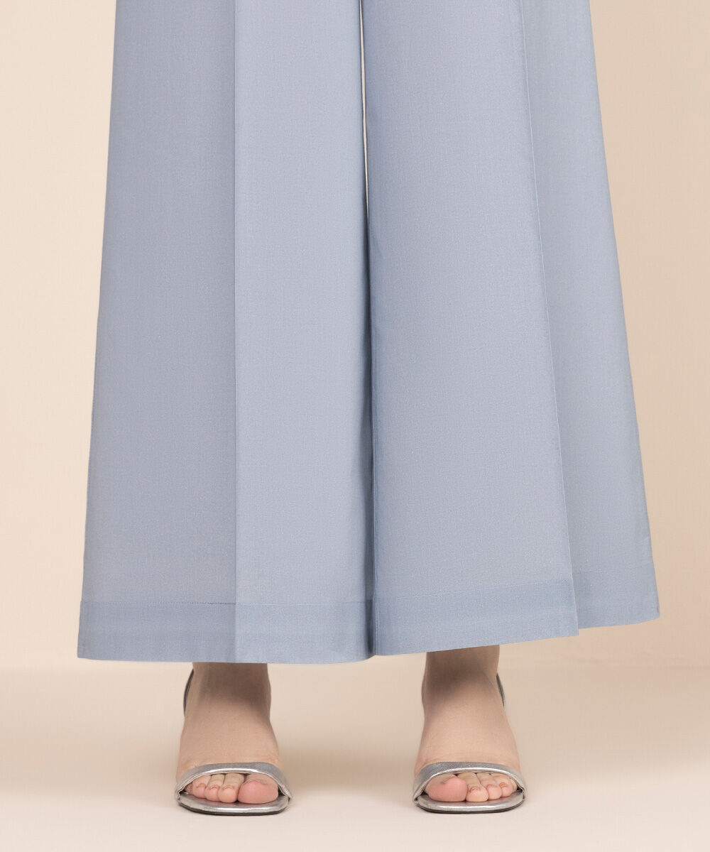 Women's RTW Cambric Blue Solid Flared Pants
