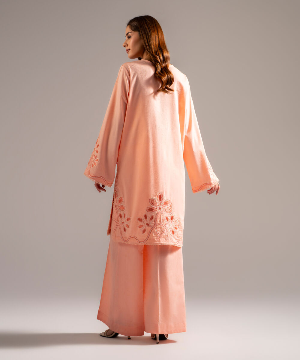 Women's RTW Self Jacquard Embroidered Peach 2 Piece Suit