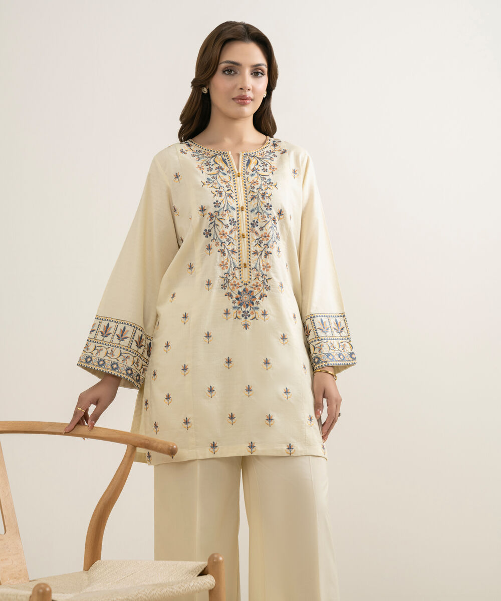 Women's RTW Dobby Embroidered Off White Straight Shirt