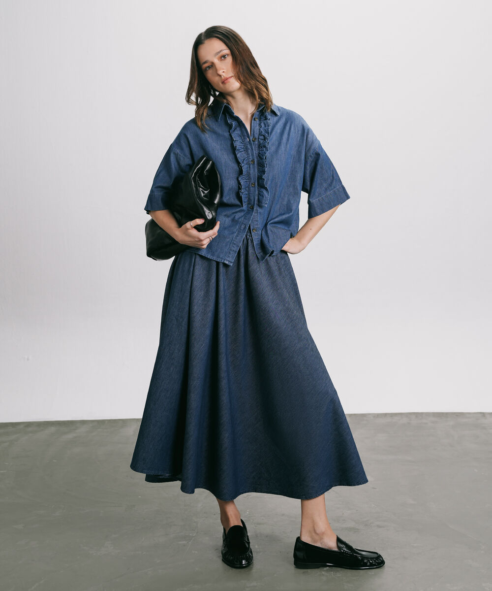 Women's Western Wear Blue Denim Shirt With Neck Frill