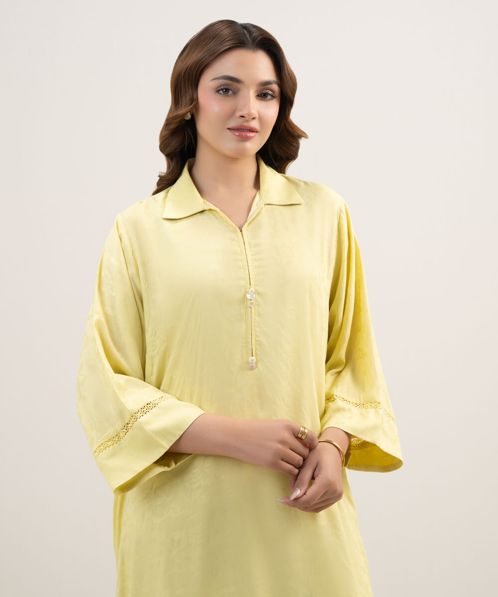Women's RTW Arabic Self Jacquard Solid Lime Yellow Straight Shirt