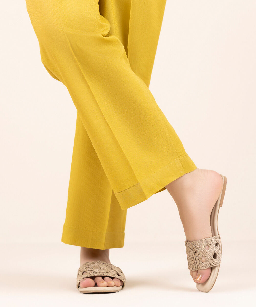 Woman - Yellow Solid Cotton Straight Pants