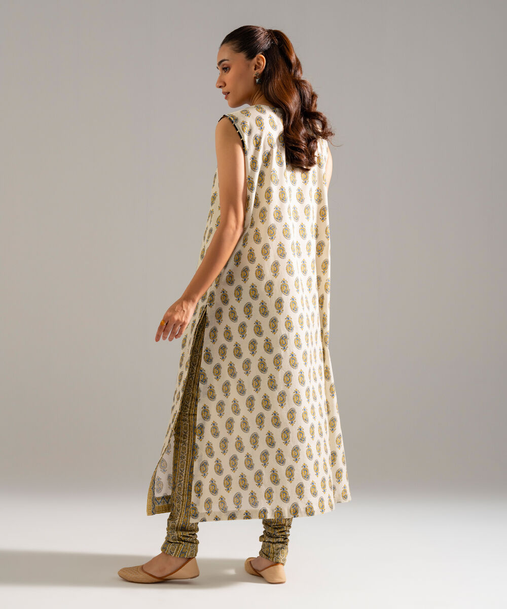Women's RTW Slub Lawn Printed Beige Straight Shirt