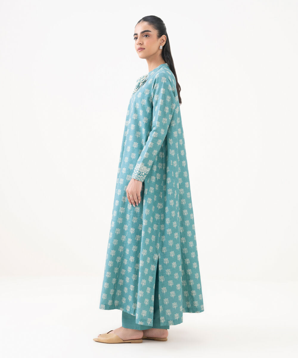 Women's Unstitched Cotton Printed Blue 3 Piece Suit