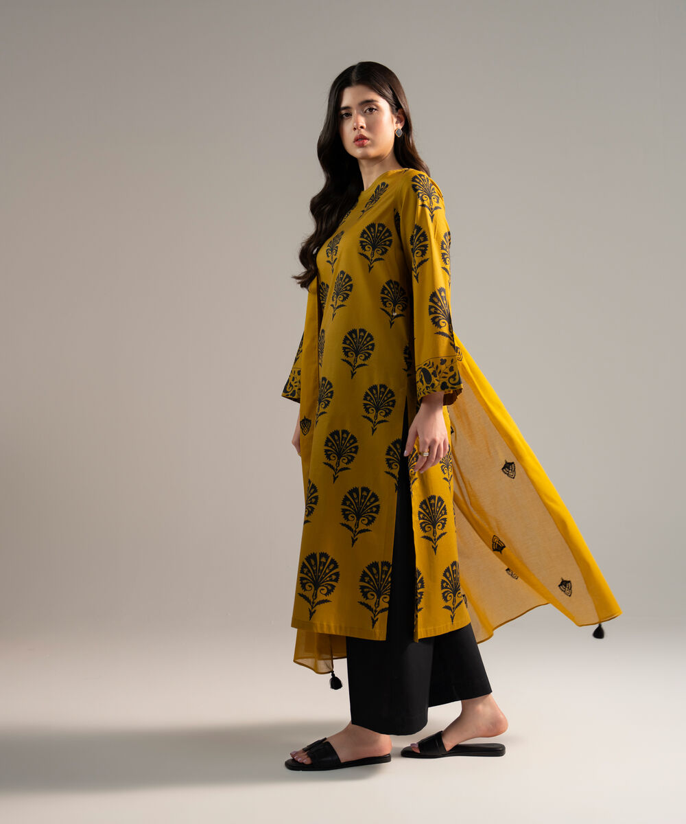 Women's RTW Pima Cotton Printed Mustard Yellow 3 Piece Suit