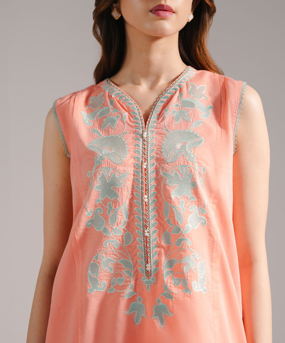 Women's RTW Zari Lawn Embroidered Straight Peach Shirt