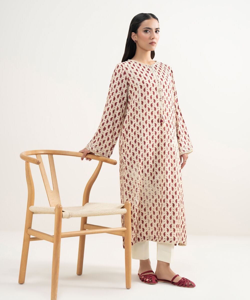 Women's RTW Viscose Raw Silk Embroidered Cream White Straight Shirt