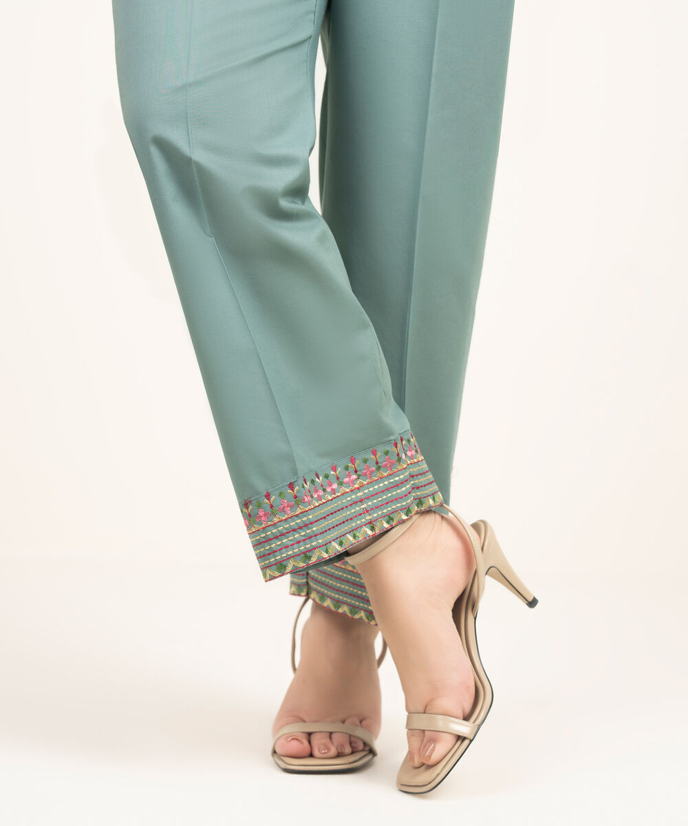 Women's RTW Lawn Embroidered Sage Green Straight Pants